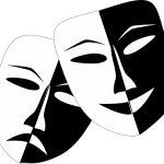 Na obrazku czarno biała grafika przedstawiająca dwie teatralne maski, jedna prezentuje usmiechniętą minę, druga minę smutną.